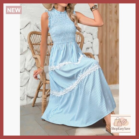 Striped Midi Dress Sleeveless Smocked Tiered Flowy Vintage Casual Summer - Picture 7 of 7